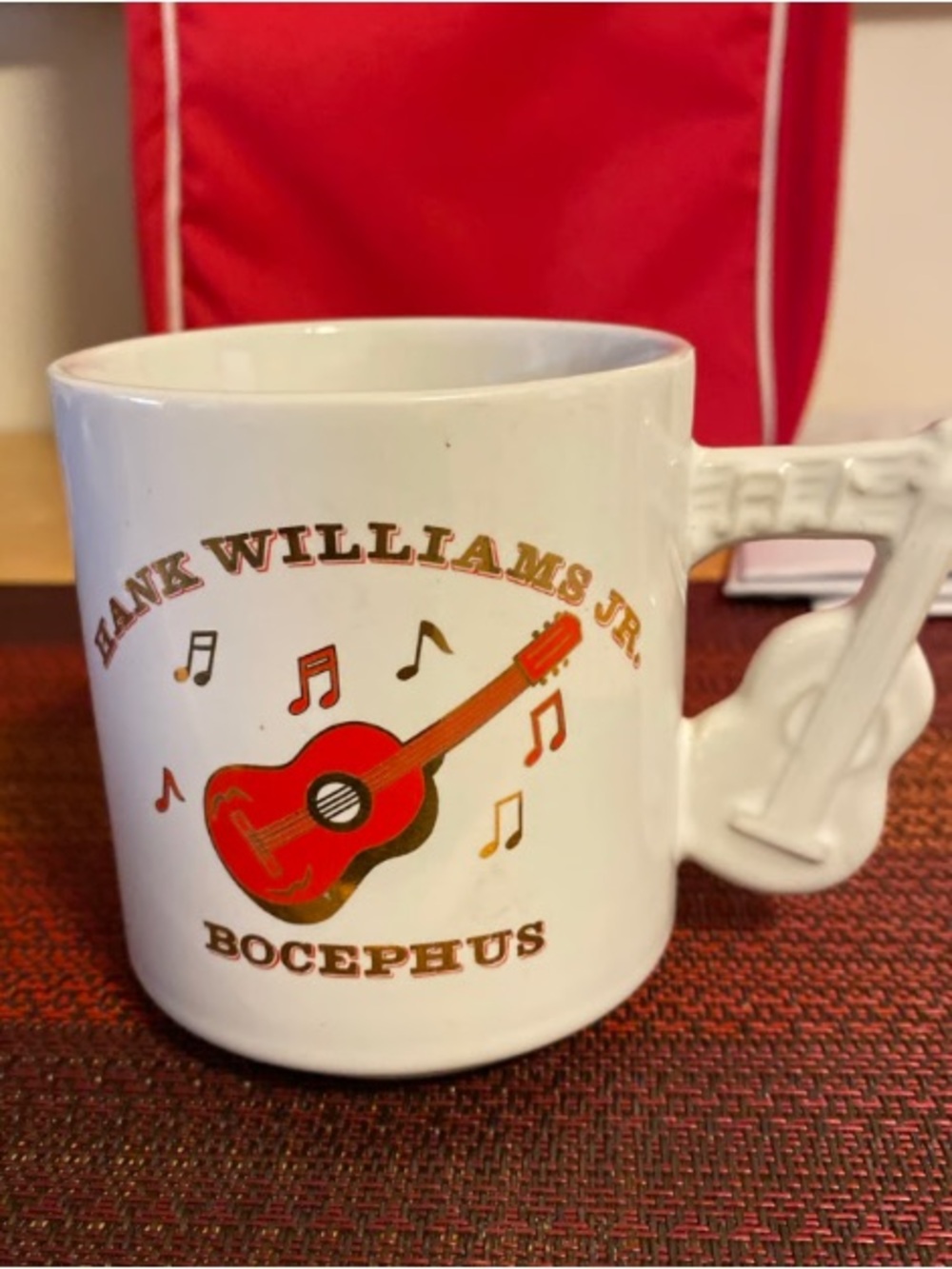 White Ceramic Guitar Handle Mug with Red Guitar Graphic
